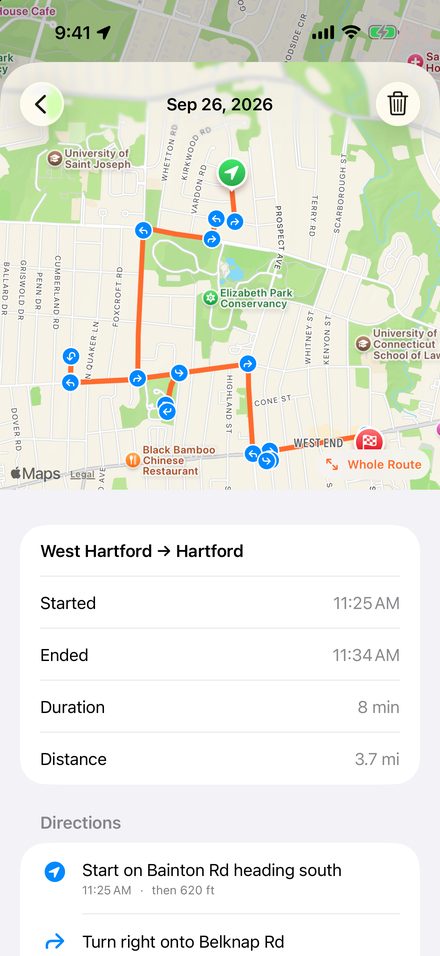 A saved trip with turns marked on the map